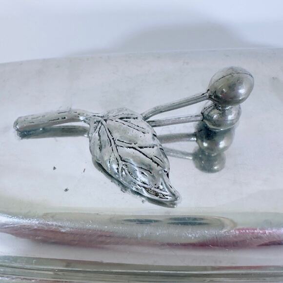 MCM Silver Plated Butter Dish w/Glass butter Tray Pewter Berry & Leaf Handle VTG - Picture 7 of 16